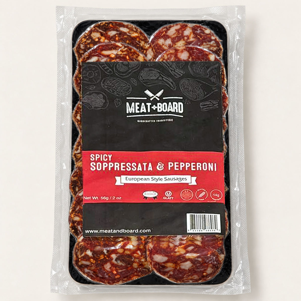 Meat and Board Spicy Soppressata & Pepperoni, European style sausages, 2 oz pack
